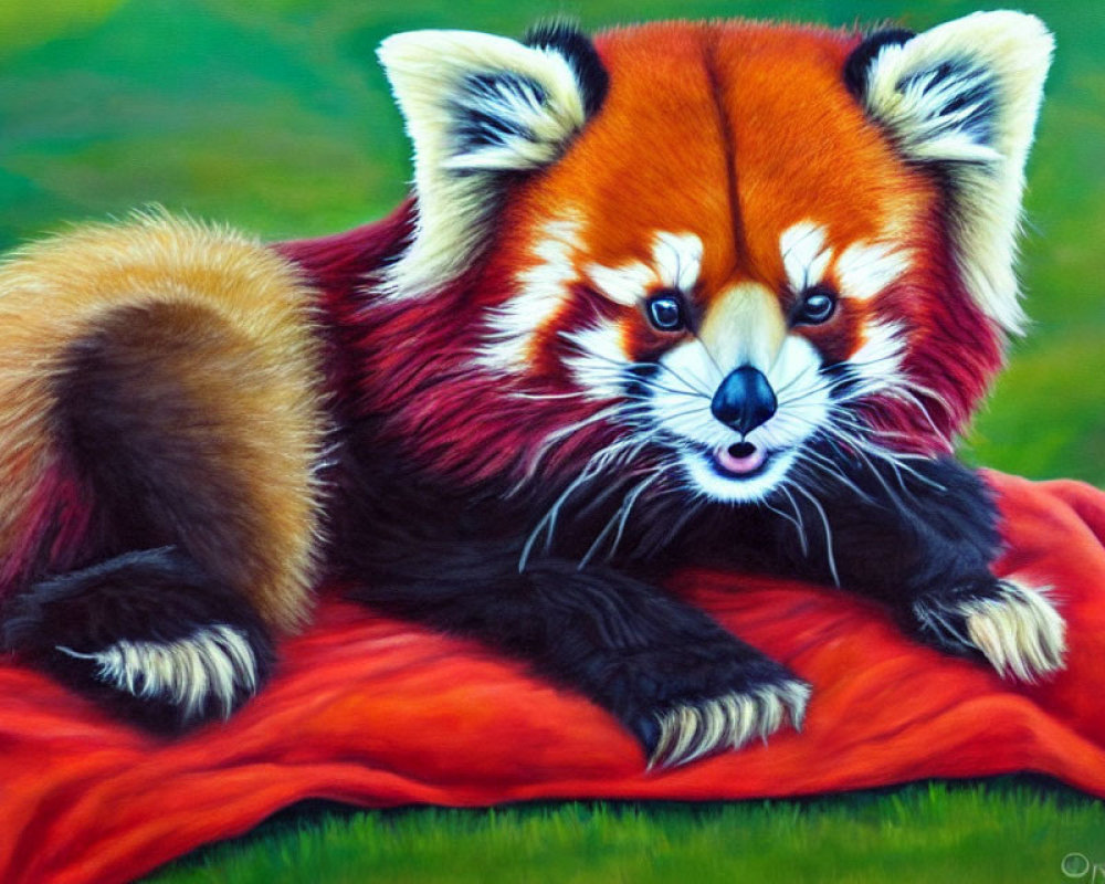 Colorful painting of red panda on red cloth with raised head and green background