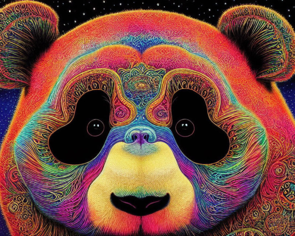 Vibrant panda illustration with intricate patterns and starry sky background