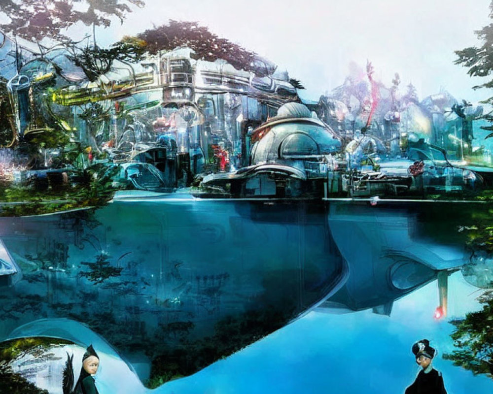 Futuristic cityscape with lush greenery and reflective water