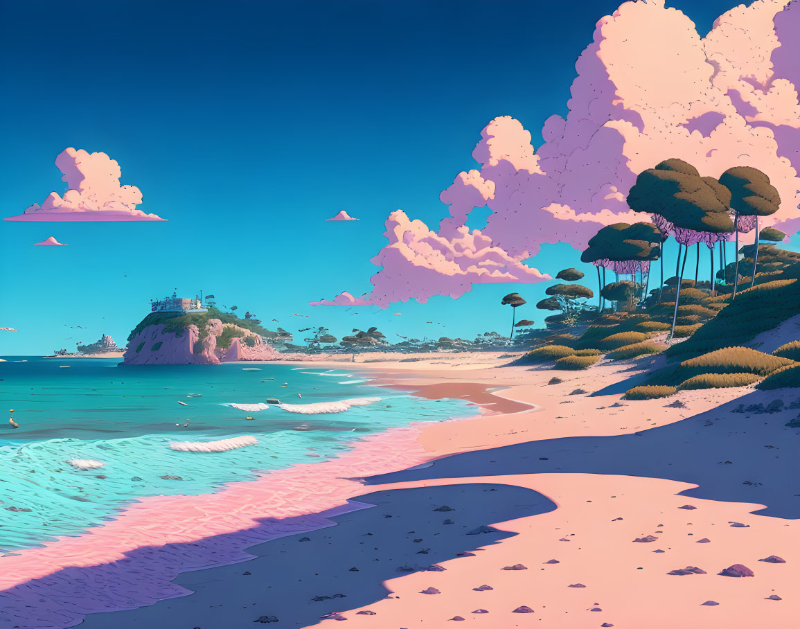 Pastel-colored beach scene with flying saucers and forest-covered island