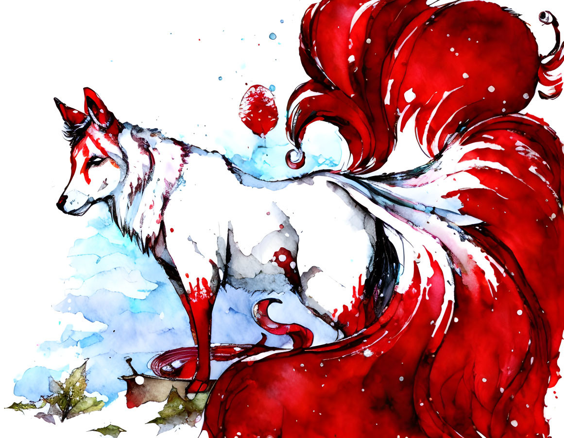 Colorful Watercolor Illustration of White and Red Fox with Bushy Tail