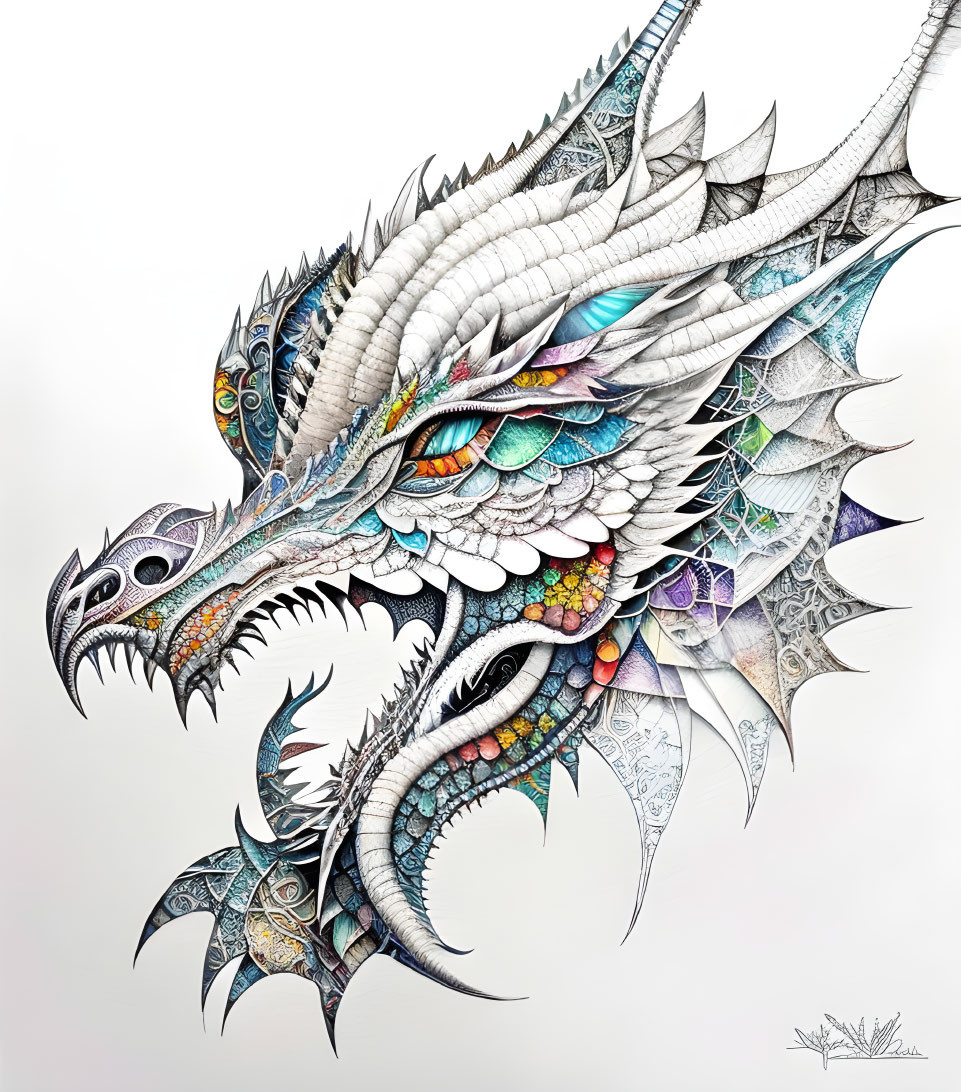 Detailed mythical dragon illustration with intricate scales and colorful accents