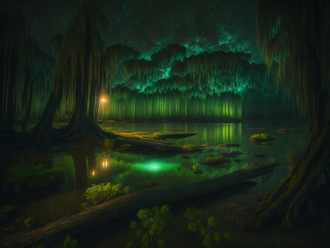 Serene swamp night scene with glowing lights, weeping willows, starry sky, and water