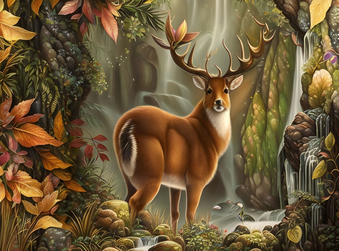 Illustrated majestic deer in lush forest with waterfall