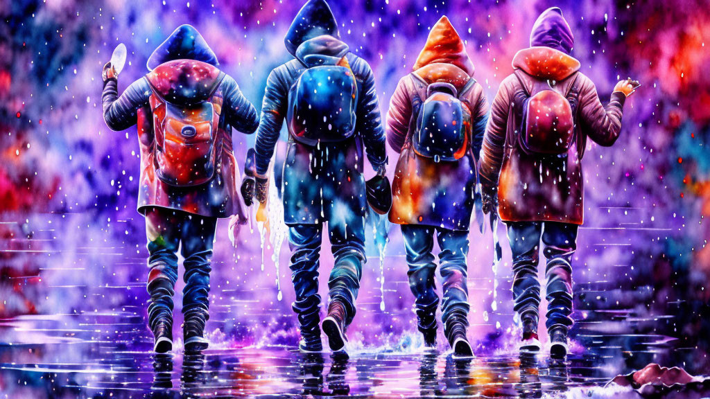 Colorful backpack-wearing group in vibrant purple and blue hues walking on wet surface.