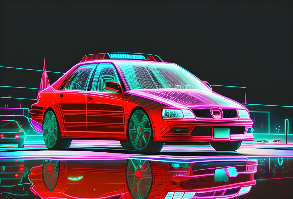 Neon red car in virtual reality style