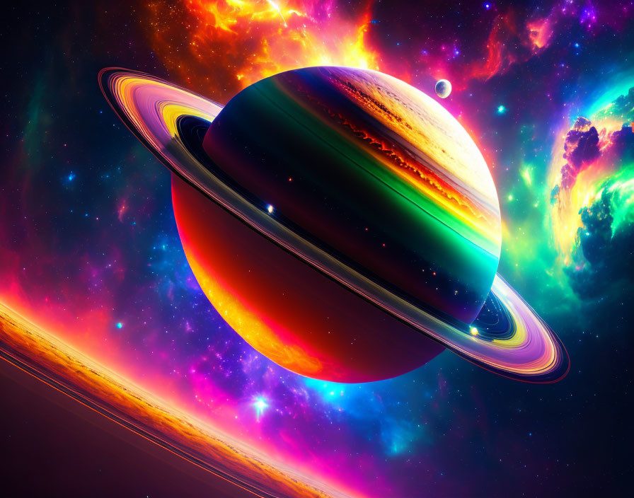 Saturn with colorful rings in cosmic nebula.