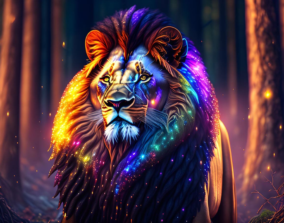 Majestic lion with glowing cosmic mane in mystical forest