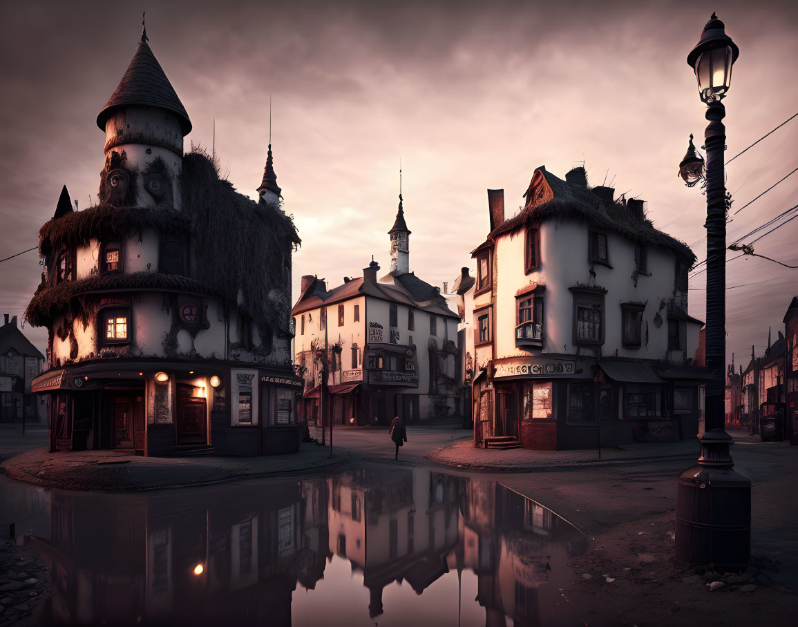 Twilight scene of whimsical village reflected in pond under moody sky