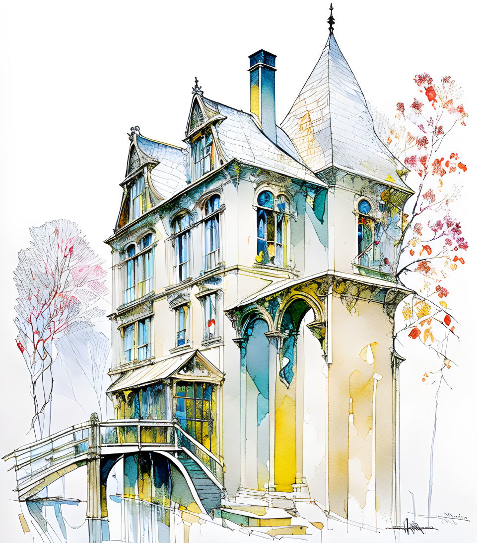 Victorian-style house with turrets, balcony, and footbridge in ink and watercolor.