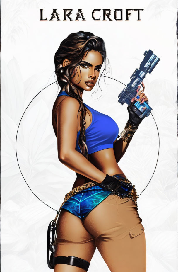 Female character with dark hair, blue tank top, shorts, gloves, futuristic handgun, and "L