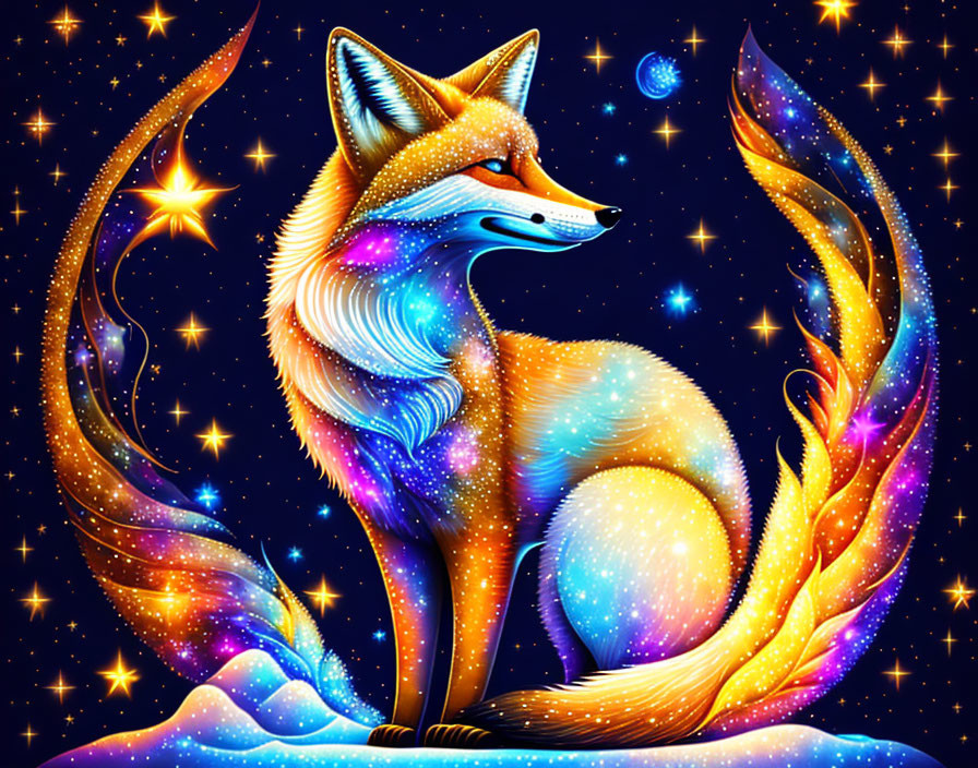 Colorful Cosmic Fox Illustration with Stars and Nebulae Patterns