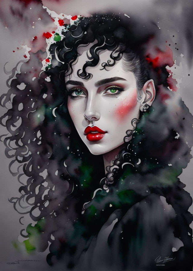 Digital Art: Woman with Curly Black Hair and Green Eyes surrounded by Red Paint Splashes