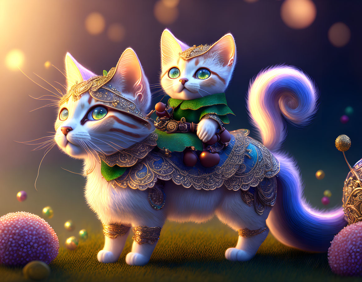 Regal kittens in golden crowns and lavish costumes in fantastical landscape