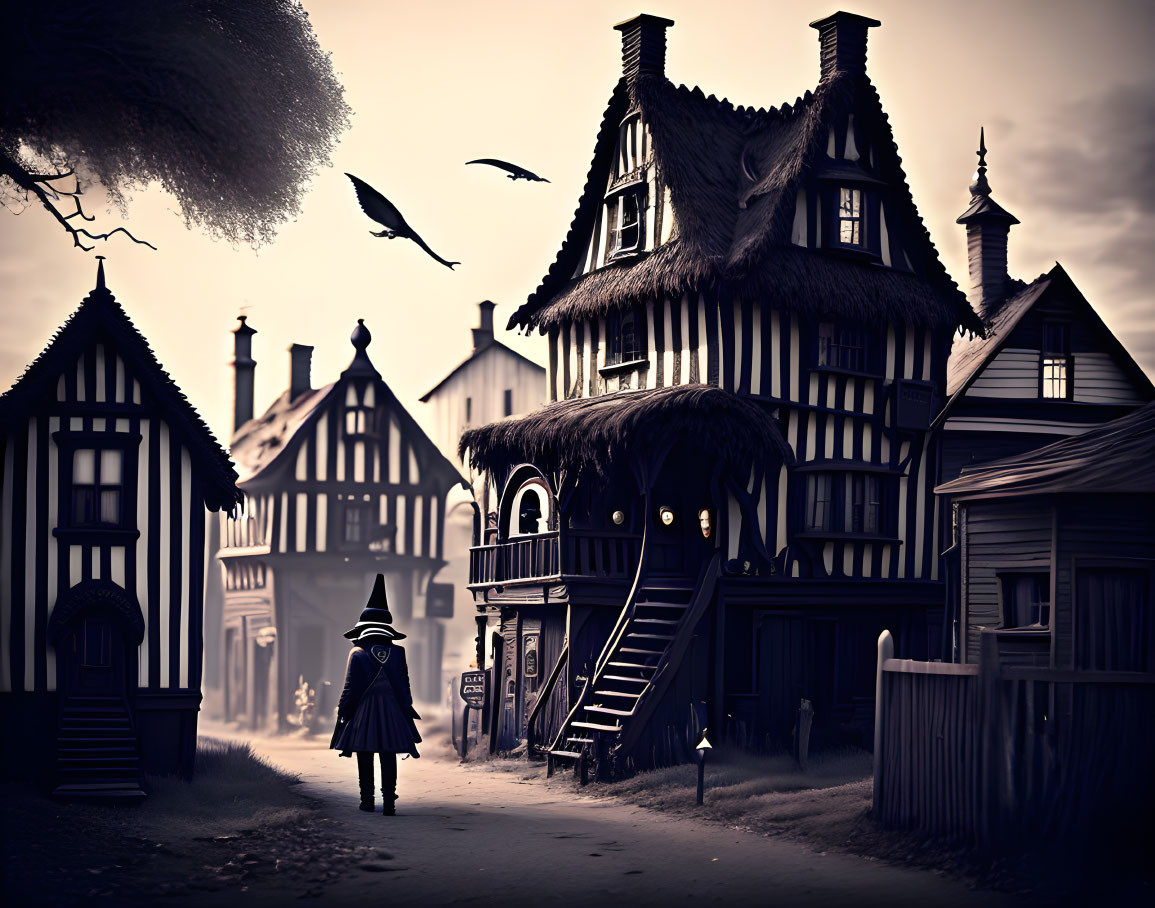 Person in cloak strolls through old-fashioned village street with half-timbered houses, birds in