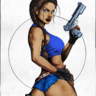 Female character with dark hair, blue tank top, shorts, gloves, futuristic handgun, and "L