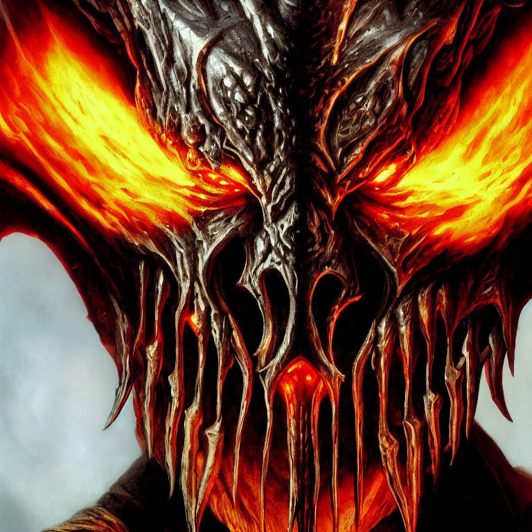 Sinister demon with glowing eyes and fiery surroundings