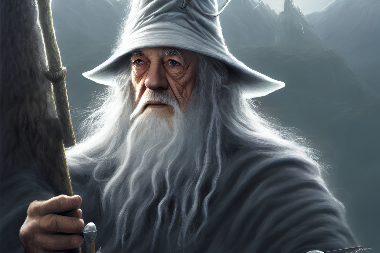 Elderly wizard with long white beard and pointed hat in misty mountain backdrop