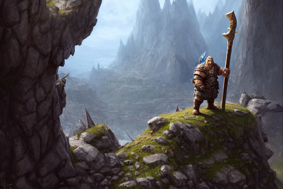 Armored knight with spear on clifftop gazes at mountain landscape