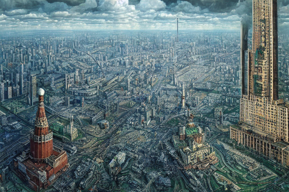 Detailed Futuristic Cityscape with High-rise Buildings and Towering Structures