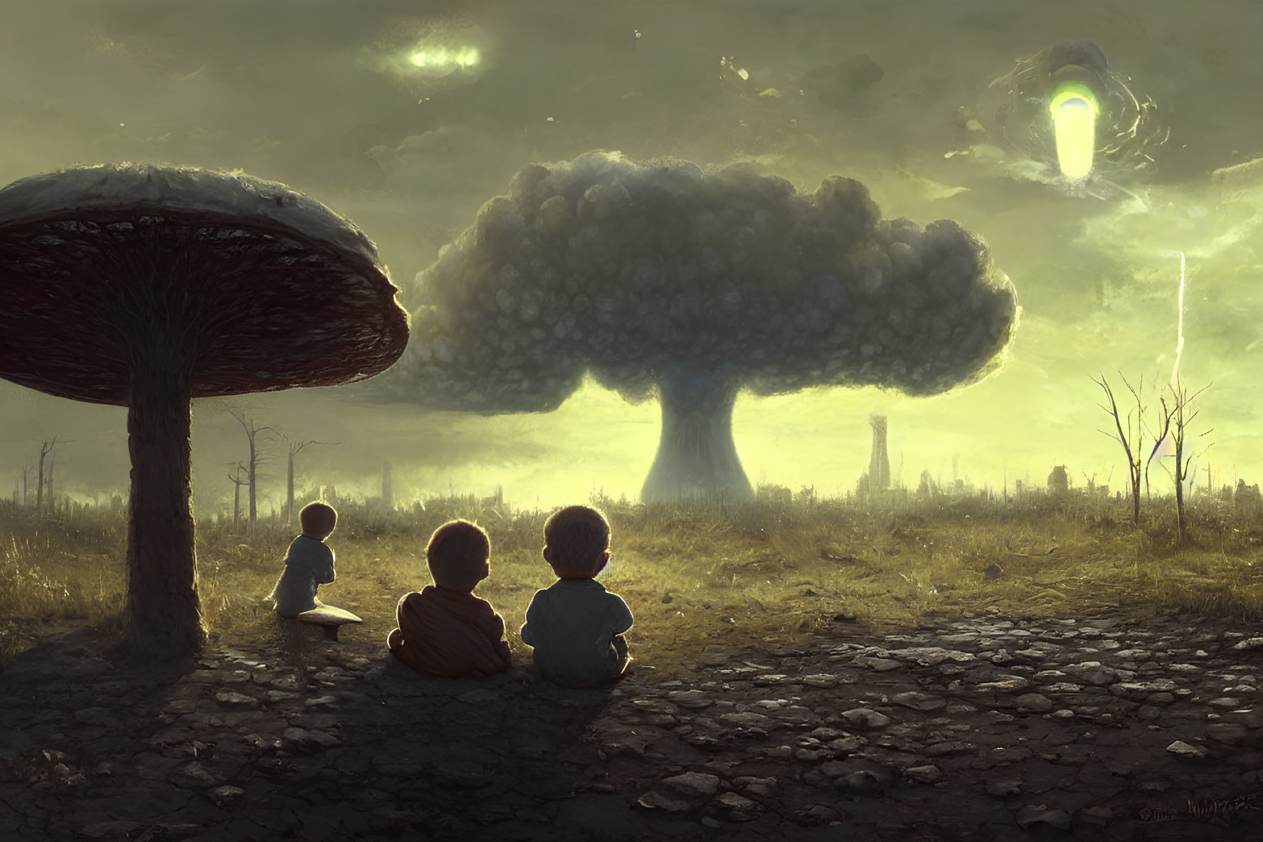 Children observing surreal glowing landscape with mushrooms and tree-like structures.