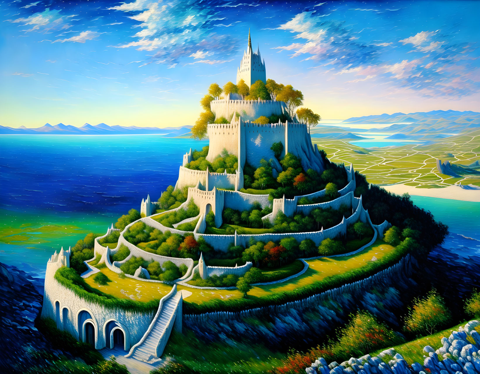 Fantastical castle painting overlooking serene coast