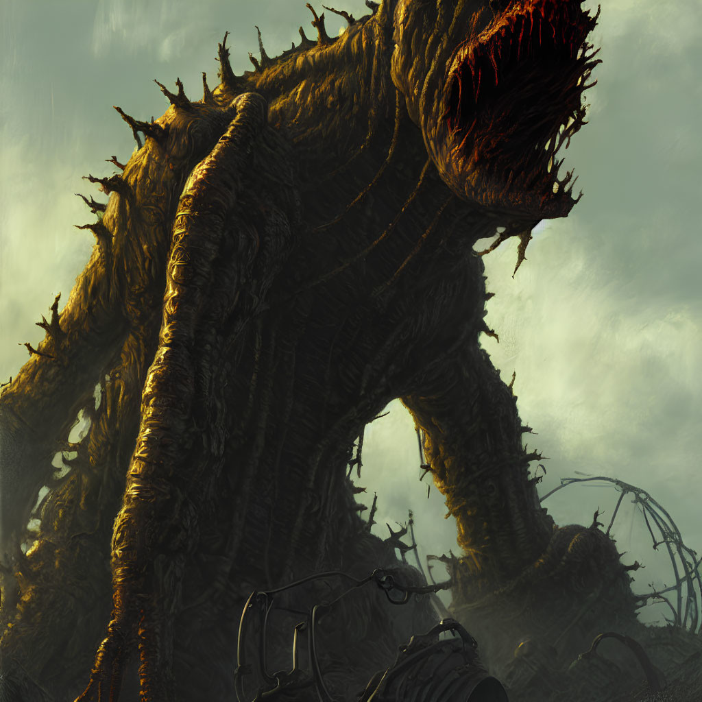 Gigantic dark creature with spikes and red mouth in desolate landscape