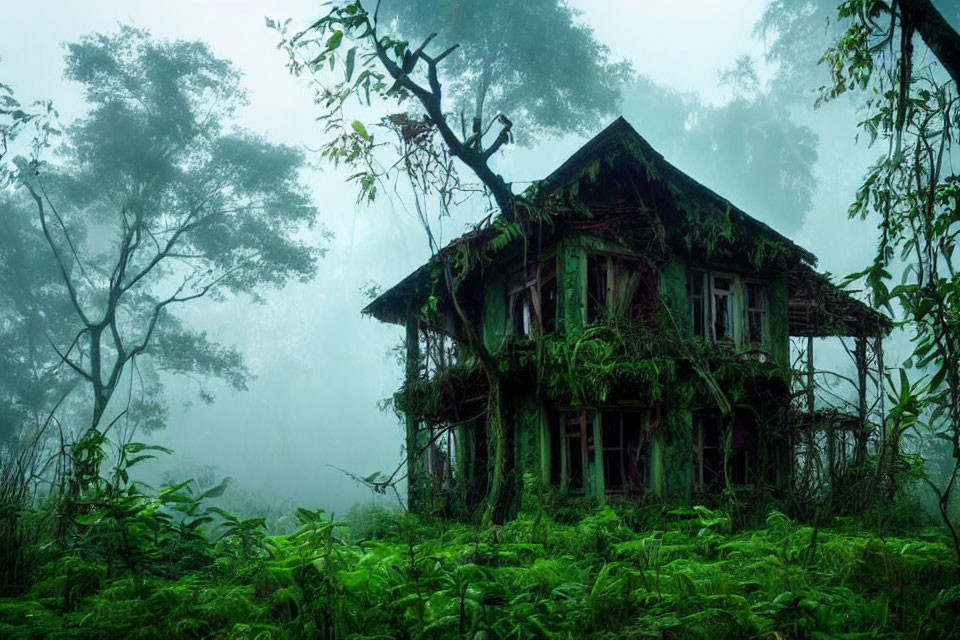 Old Two-Story House Covered in Vines and Moss in Foggy Forest