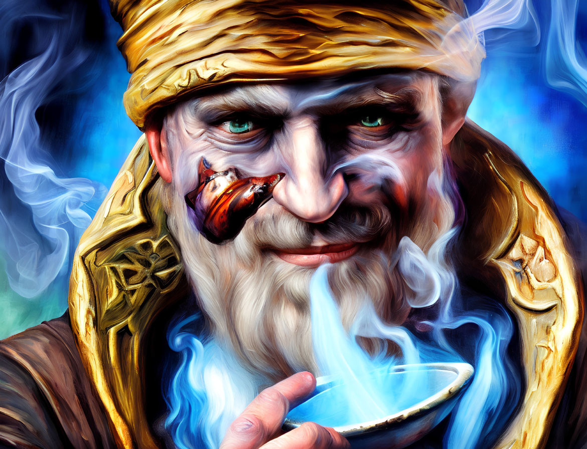 Elderly man with golden turban and pipe in mysterious gaze