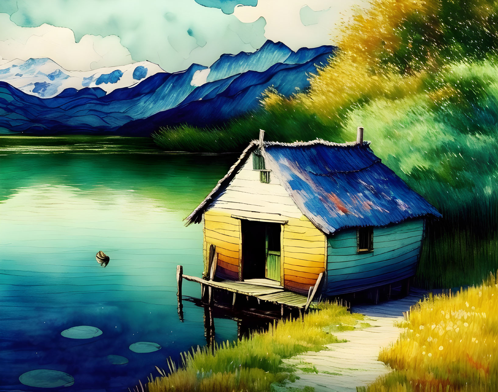 Vibrant lakeside house scene with mountains, greenery, and duck