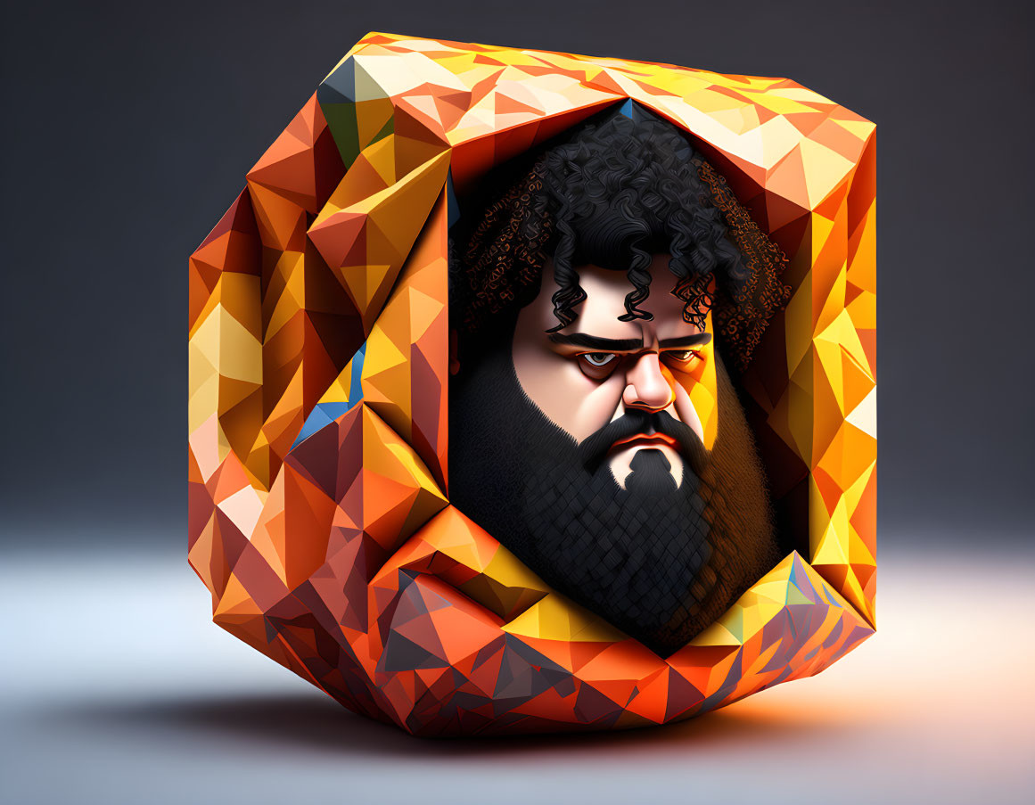 Geometric 3D-rendered male figure with beard in amber-colored gemstone