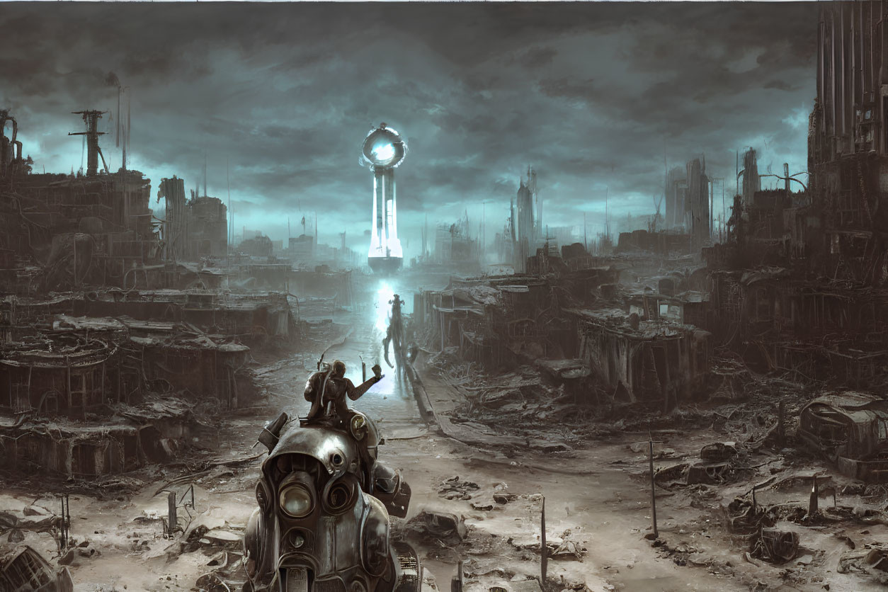 Dystopian cityscape with ruined buildings and figure in gas mask observing