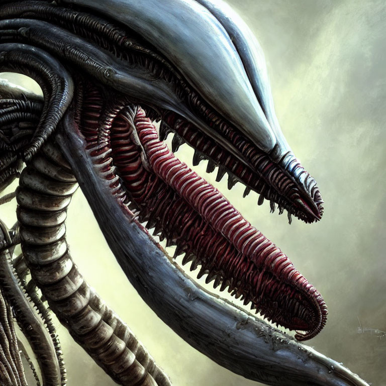 Detailed Illustration: Creature with Elongated Jaws, Sharp Teeth, and Tentacle-like Append