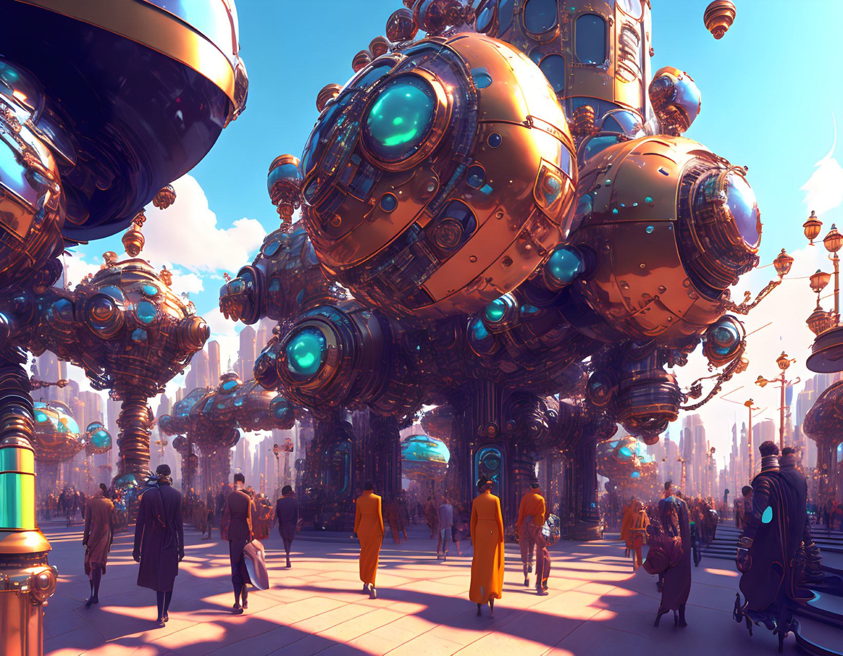 Futuristic cityscape with orb-like structures and colorful attire in clear blue sky