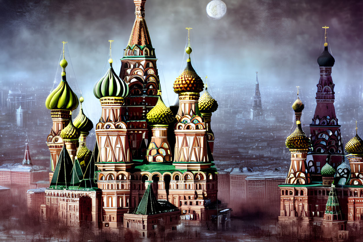 Colorful Onion Domes at Saint Basil's Cathedral Under Moonlit Sky