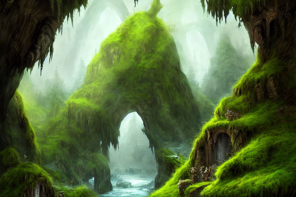 Mystical green forest with moss-covered trees, archway, river, and foggy background