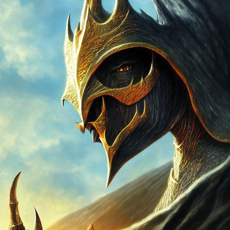 Detailed Dragon Head Illustration with Golden Crown and Sharp Horns