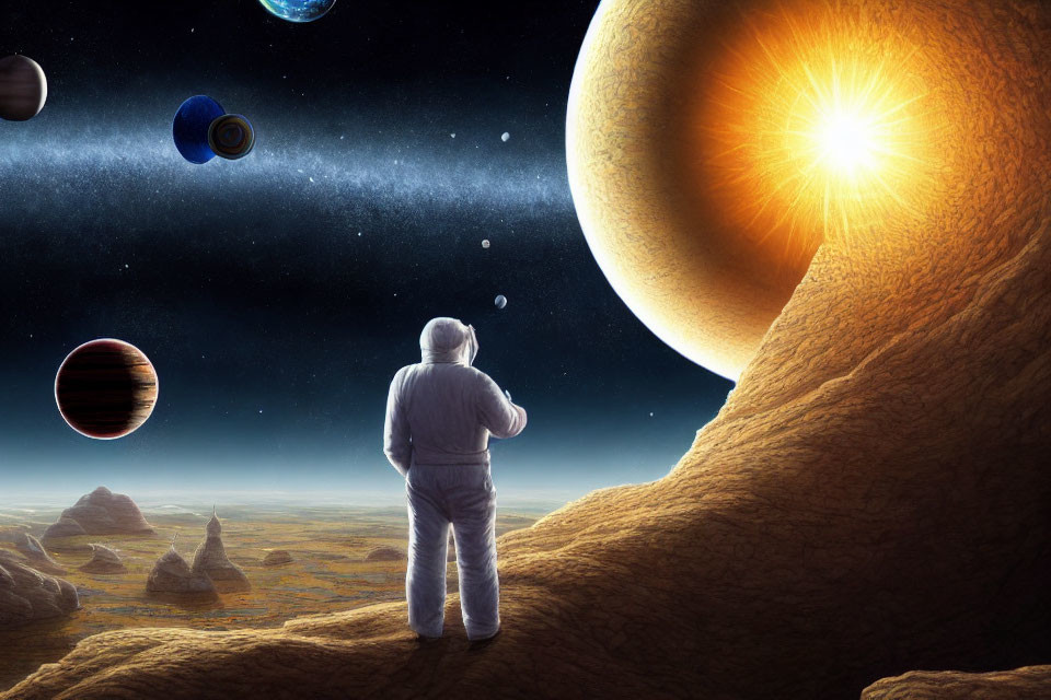 Astronaut on rocky alien surface with planets and star in cosmic backdrop