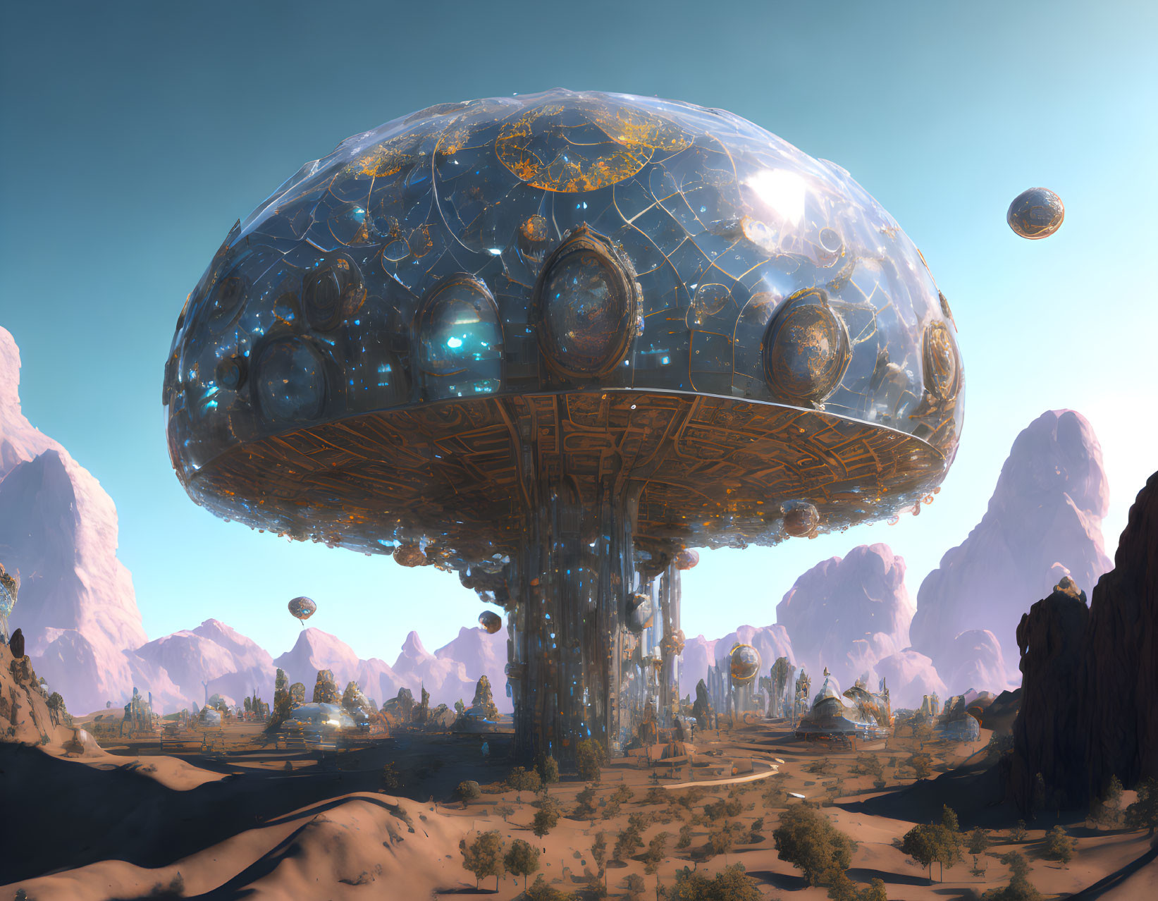 Futuristic domed city on towering base in barren landscape