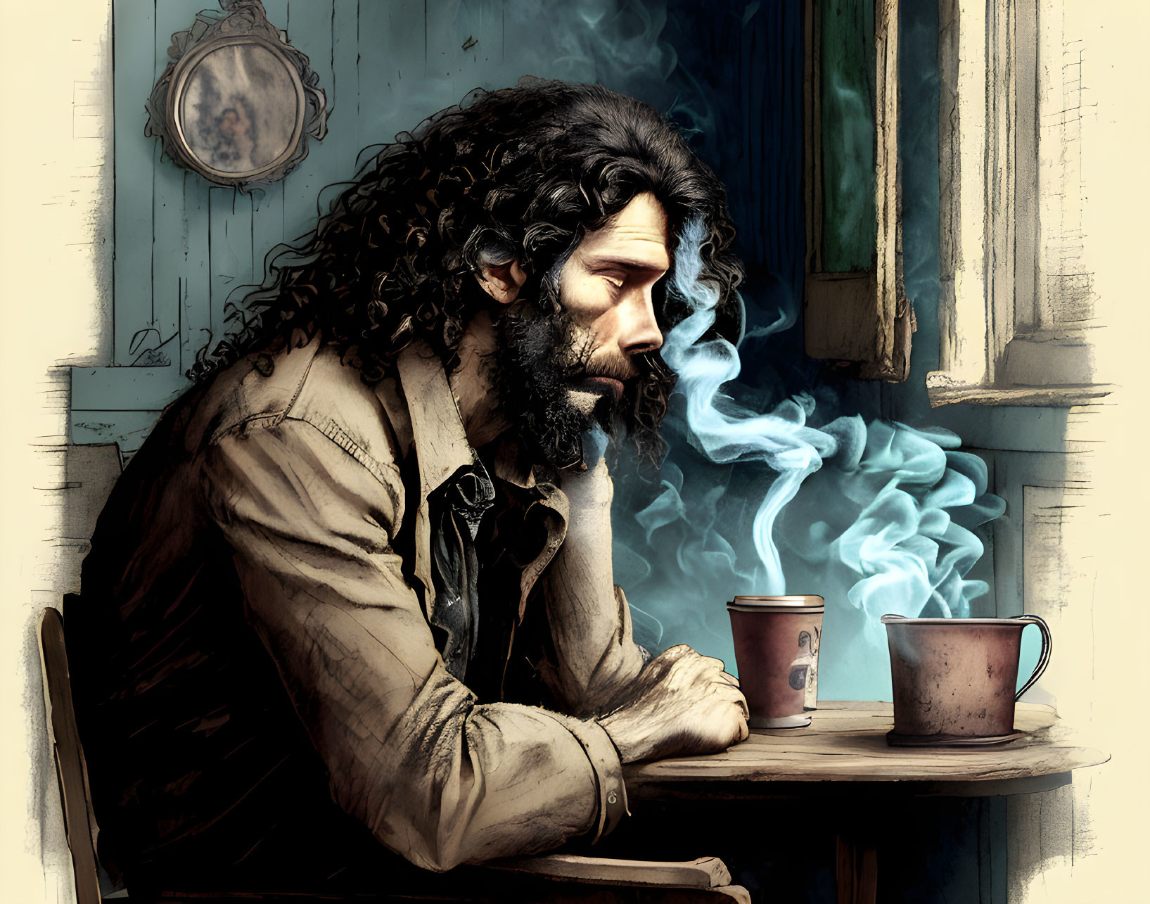 Man with Long Curly Hair Sitting at Wooden Table in Rustic Room