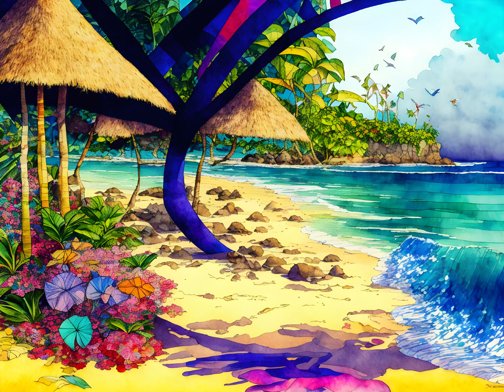 Colorful Beach Scene with Thatched Umbrellas, Flowers, Rocks, and Waves