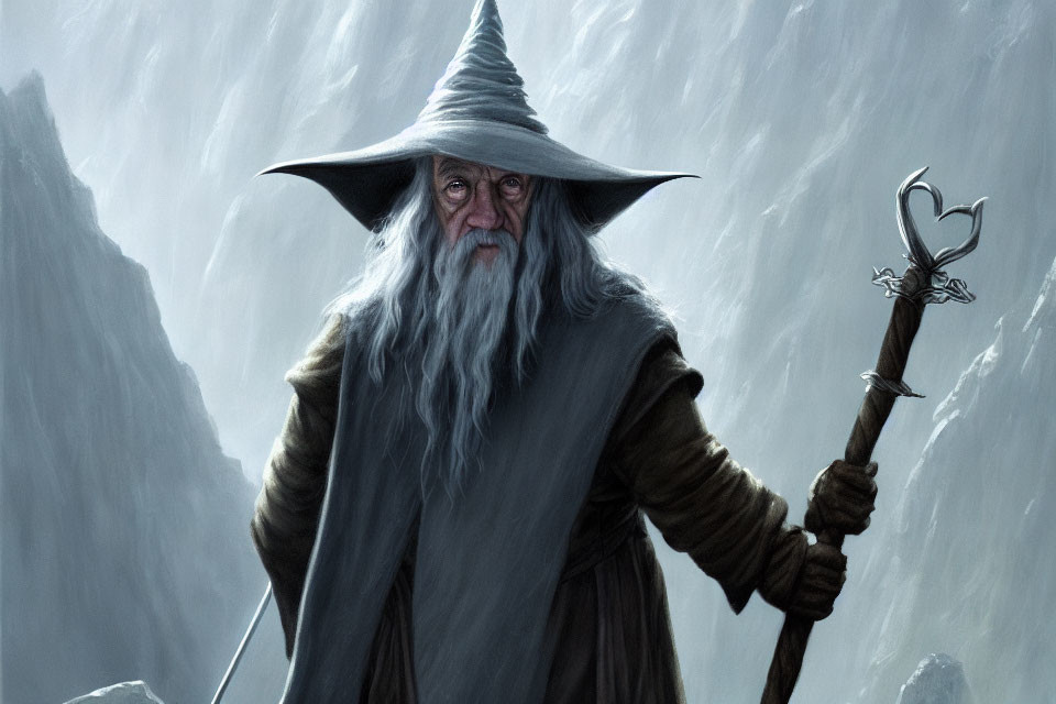 Elderly wizard with long beard and staff in front of misty mountains