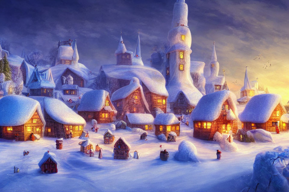 Snow-covered winter village with cozy cottages and twilight sky