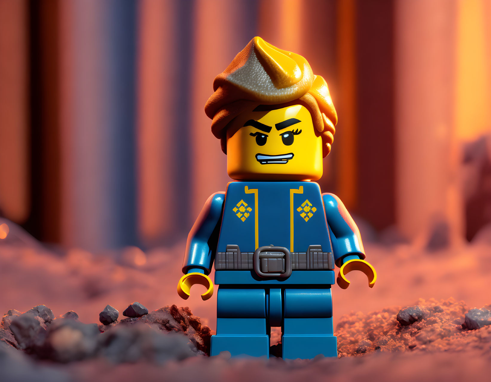 Cowboy LEGO figure on rocky terrain with pillars in background