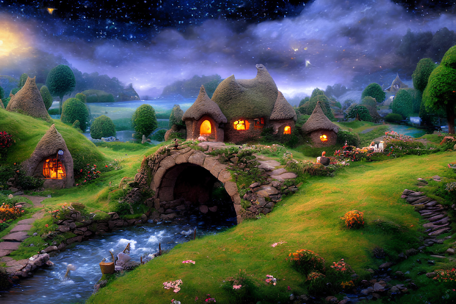 Charming village scene with thatched cottages, stone bridge, lush greenery, and starry