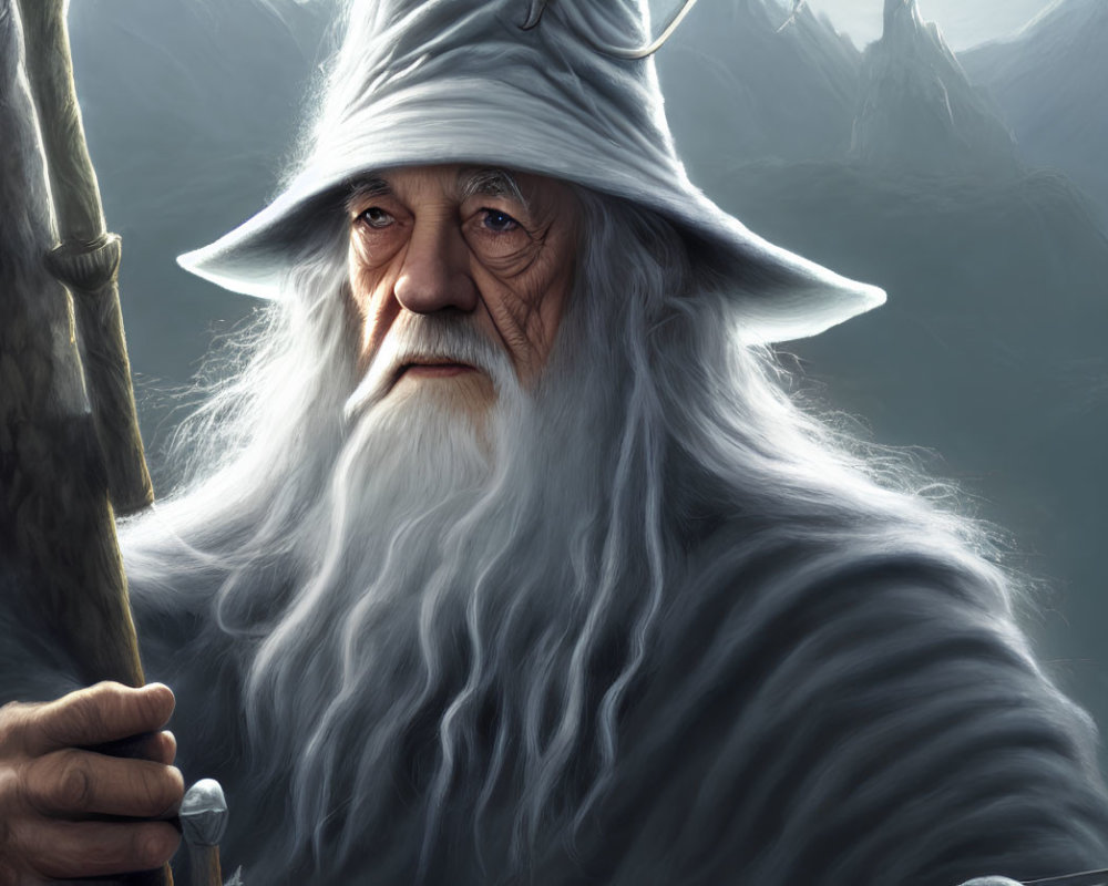 Elderly wizard with long white beard and pointed hat in misty mountain backdrop