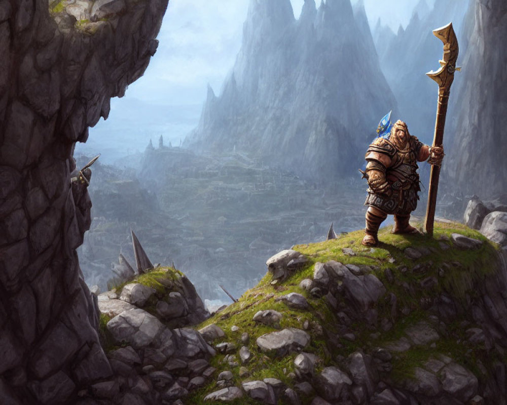 Armored knight with spear on clifftop gazes at mountain landscape