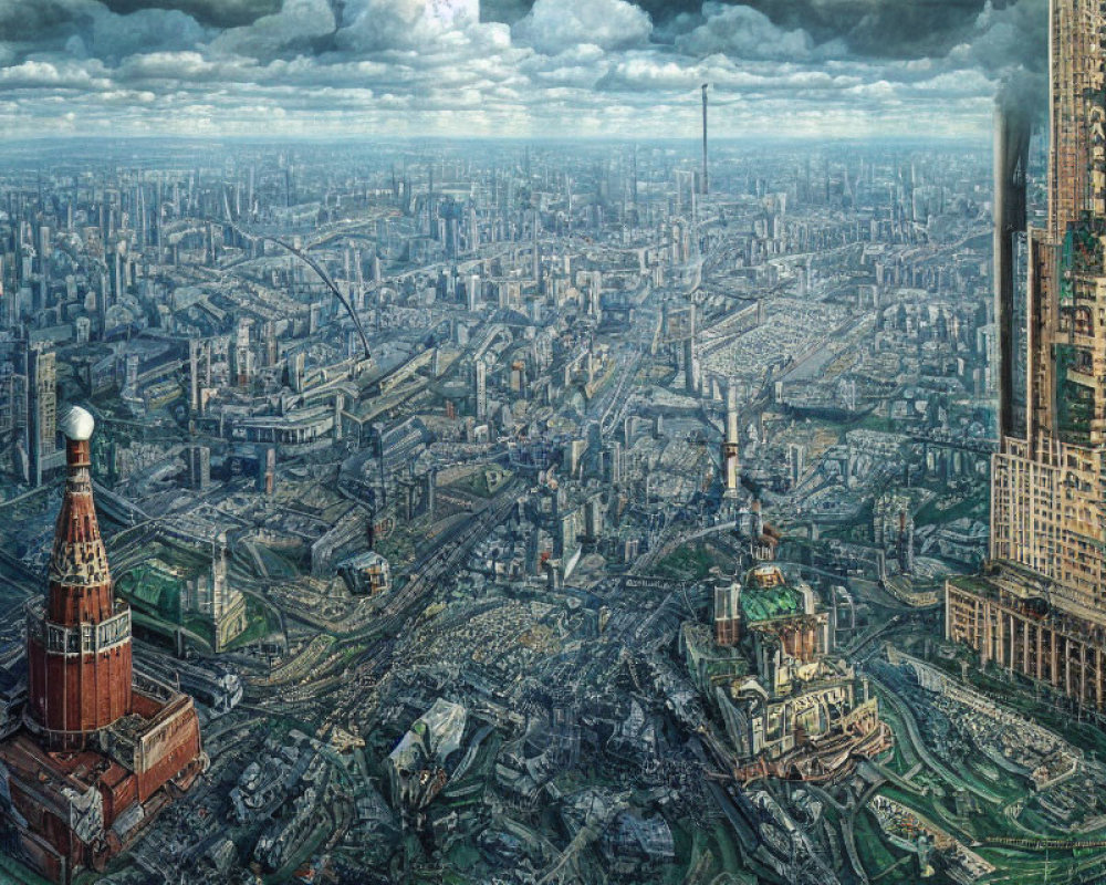 Detailed Futuristic Cityscape with High-rise Buildings and Towering Structures