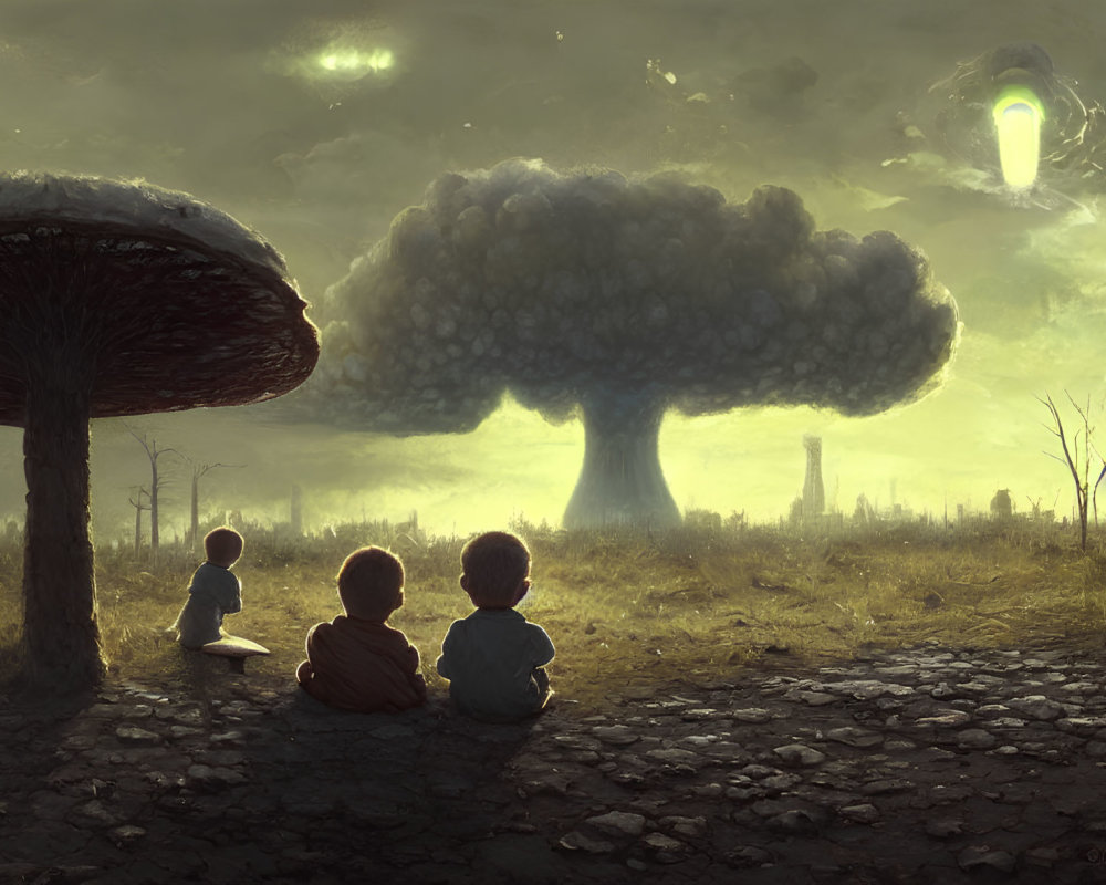 Children observing surreal glowing landscape with mushrooms and tree-like structures.