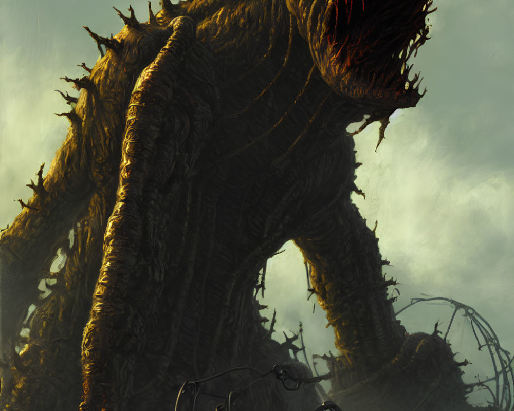 Gigantic dark creature with spikes and red mouth in desolate landscape